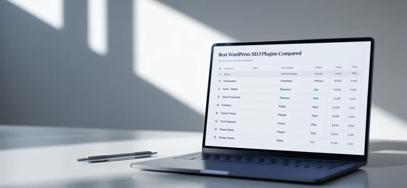 WordPress SEO plugins comparison table featuring Yoast SEO, Rank Math, SEOPress with free/premium options, ratings, and pricing