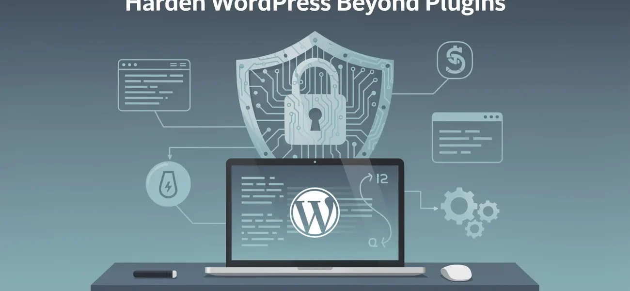 WordPress laptop shielded for security, linked to icons for wp-config.php, .htaccess rules, file permissions and server hardening