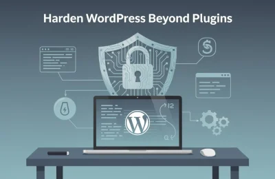 WordPress laptop shielded for security, linked to icons for wp-config.php, .htaccess rules, file permissions and server hardening