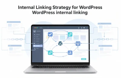 WordPress admin interface showing an internal linking diagram with interconnected posts, pages, and link equity flows for site architecture