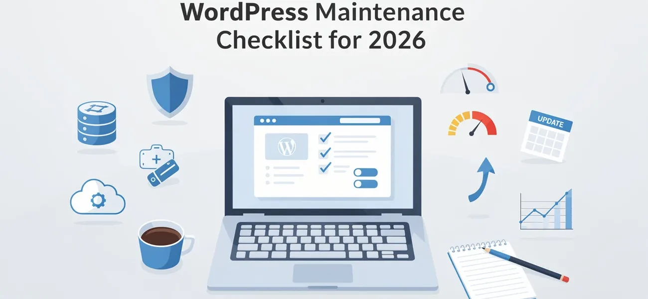 Laptop displaying WordPress maintenance checklist with icons for updates, backups, security, performance monitoring and site health