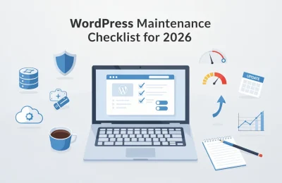 Laptop displaying WordPress maintenance checklist with icons for updates, backups, security, performance monitoring and site health