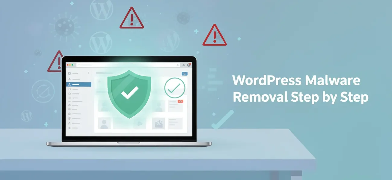 Laptop displaying WordPress admin dashboard with security shield and checkmarks confirming successful malware removal and site hardening