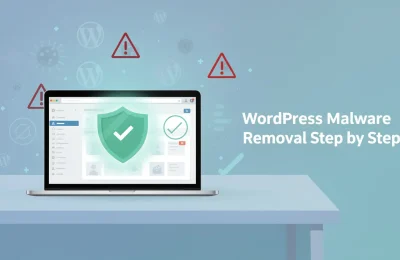 Laptop displaying WordPress admin dashboard with security shield and checkmarks confirming successful malware removal and site hardening