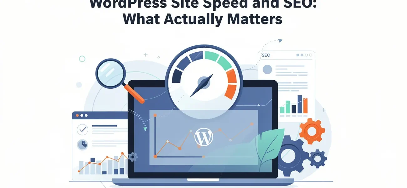Laptop showing WordPress speed optimization dashboard with performance gauge, SEO graphs, and Core Web Vitals metrics