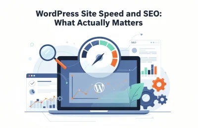 Laptop showing WordPress speed optimization dashboard with performance gauge, SEO graphs, and Core Web Vitals metrics